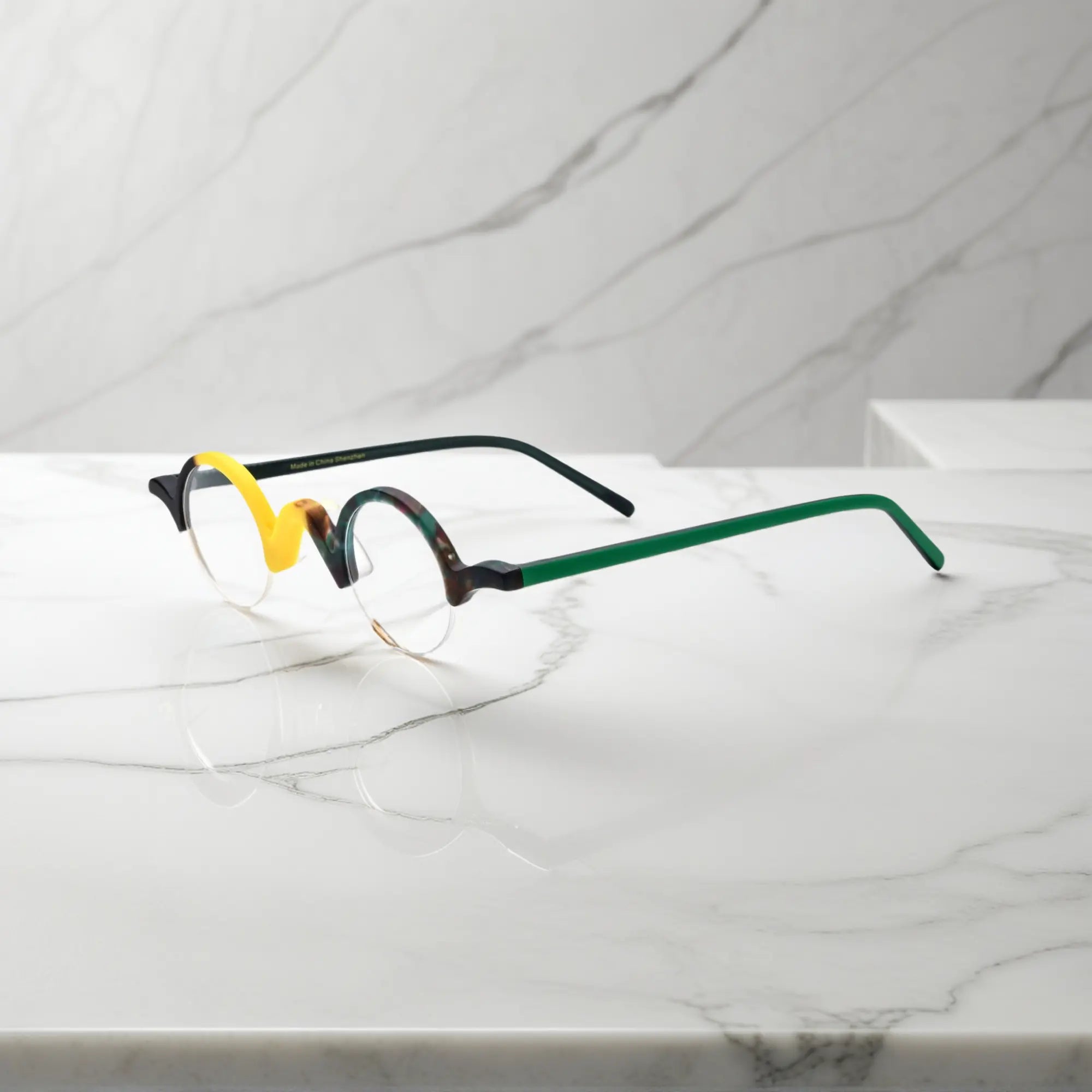 Side view of VoyueLens™ Lemon-Lime semi-rimless browline eyeglasses featuring lightweight matte acetate frame.